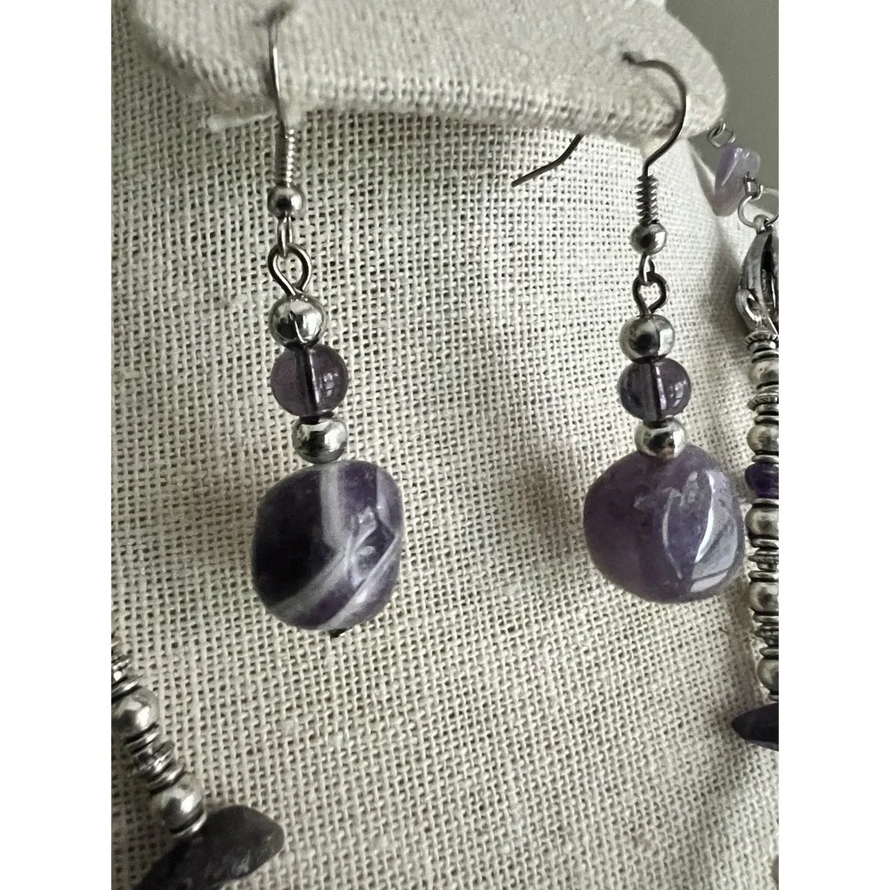 Genuine Amethyst Triple Layer Statement Necklace And Earrings Set 19